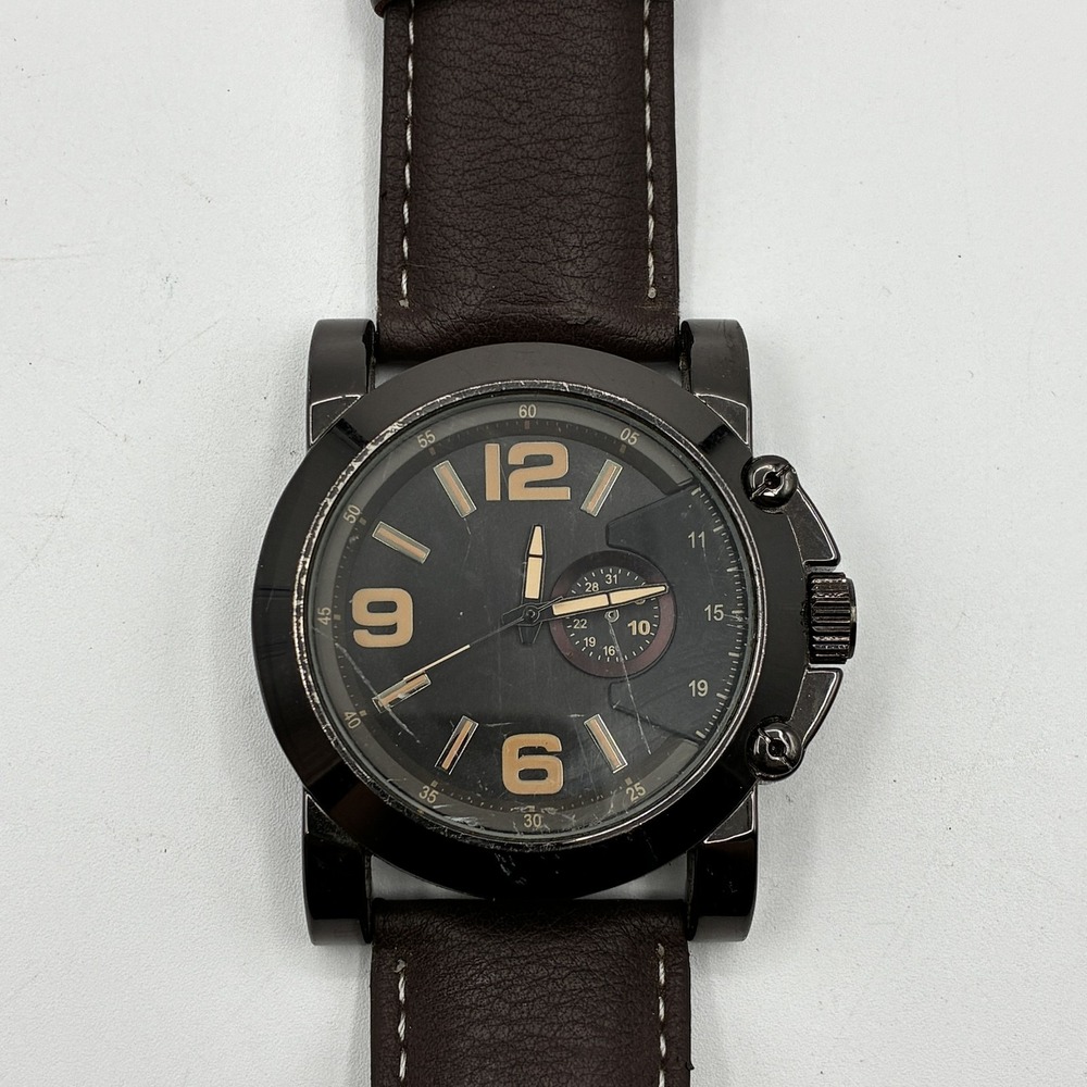 Men's FMD Analog Quartz Wristwatch Dark Gunmetal Case Brown Faux Leather Band
